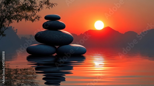 Peaceful stones balanced on water at sunset.