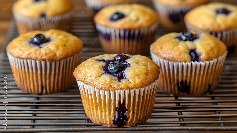 Delicious blueberry muffins arranged on a wire rack. Delicious blueberry muffins arranged on a wire rack.