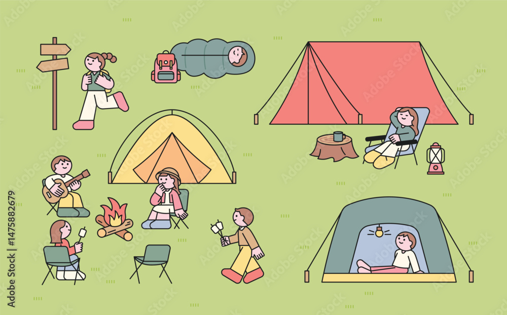 custom made wallpaper toronto digitalCute illustration of kids camping: sitting by a campfire, playing guitar, roasting marshmallows, relaxing in tents, and hiking with backpacks.