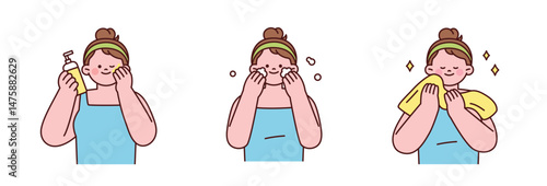 Cute illustration of a girl doing a summer skincare routine: cleansing oil, foam cleansing, and towel drying.