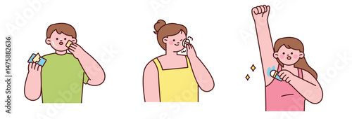 Cute summer hygiene routine illustration: oil blotting, wiping face with cotton pad, and applying deodorant for freshness.
