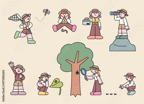 Cute kids exploring nature and observing insects with nets, magnifying glasses, and binoculars. Perfect for summer camp and outdoor education themes.