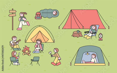 Cute illustration of kids camping: sitting by a campfire, playing guitar, roasting marshmallows, relaxing in tents, and hiking with backpacks.