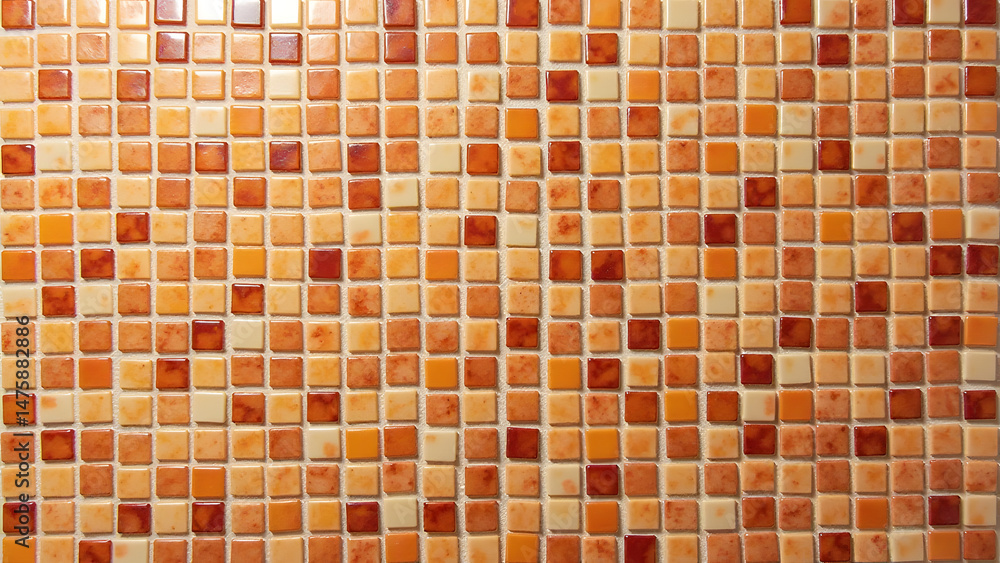 Fototapeta premium Square mosaic tiles in orange/red/beige. Dynamic terracotta effect, Mediterranean warmth, seamless pattern, artisanal colors.