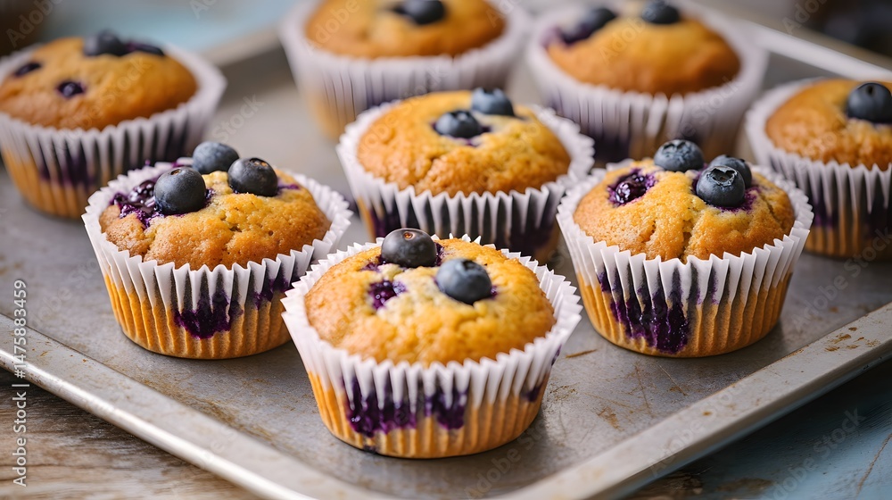 Freshly baked blueberry muffins on a baking sheet. Freshly baked blueberry muffins on a baking sheet.