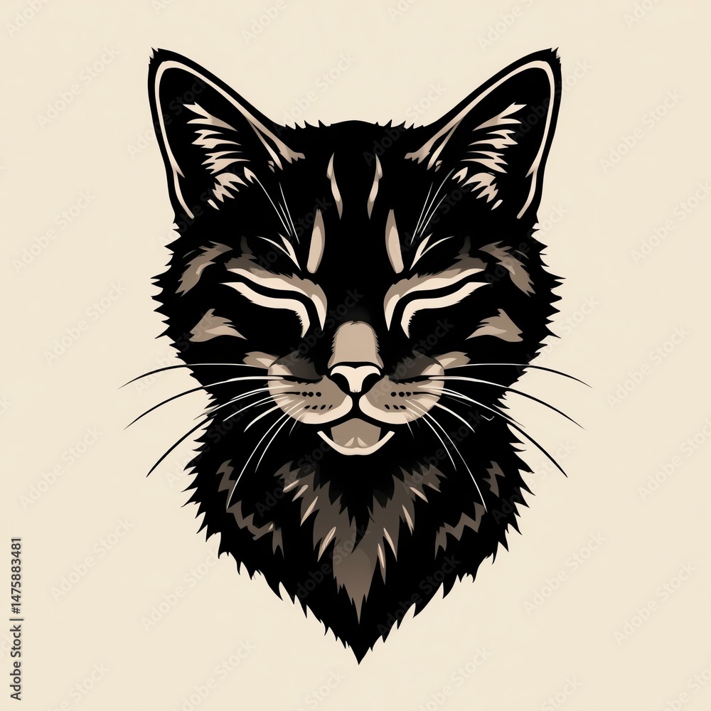 Fototapeta premium An artistic representation of a black cat's face, showcasing its playful and serene expression in a minimalist style.