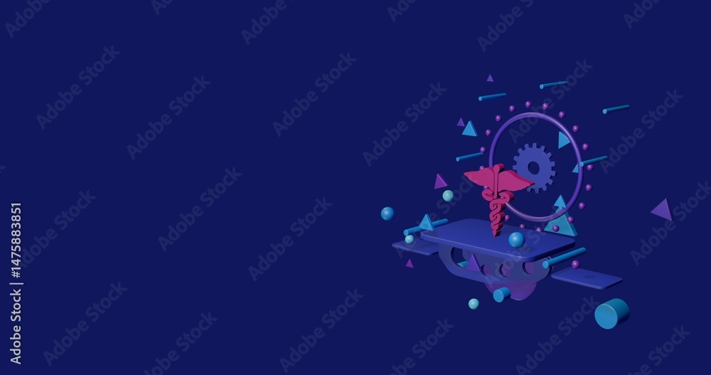 Naklejka premium Pink caduceus symbol on a pedestal of abstract geometric shapes floating in the air. Abstract concept art with flying shapes on the right. 3d illustration on indigo background