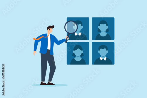 Flat illustration of human resource manager analyzing candidate profiles with magnifying glass to select perfect team members for recruitment and hiring process