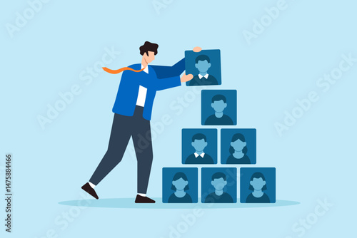 Flat illustration of human resource manager stacking applicant profile cards like building blocks to complete hiring structure and streamline onboarding workflow