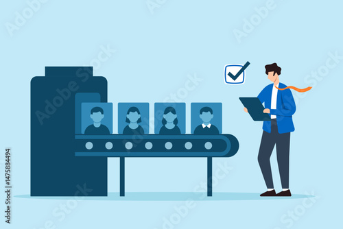 Flat illustration of human resource manager reviewing candidate profile files on conveyor belt during automated recruitment process and checklist screening for hiring selection