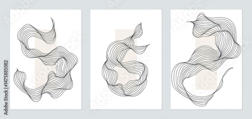 Abstract wall art set, minimalist flowing line art drawing against a soft, re...