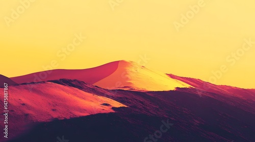 Vibrant, colorful depiction of mountain peak at sunrise.