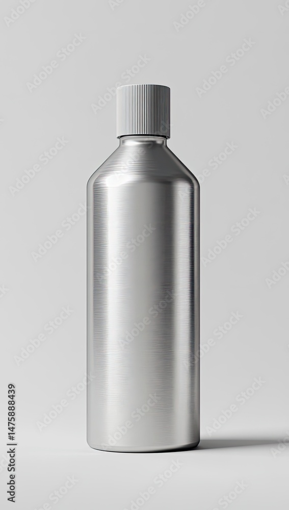 Sleek silver bottle with a light grey cap Sleek silver bottle with a light grey cap