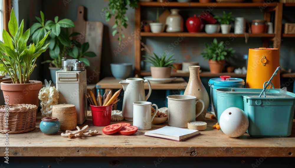 A table overflowing with various household items, priced for a garage sale , antique, repurposed A table overflowing with various household items, priced for a garage sale , antique, repurposed