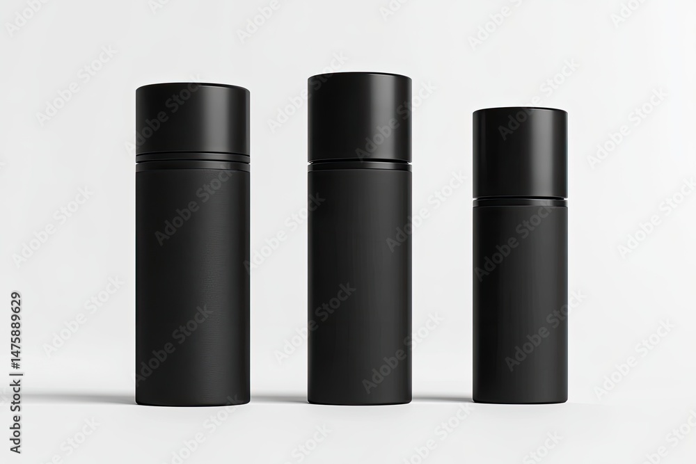 Three matte black cylindrical containers of varying heights Three matte black cylindrical containers of varying heights