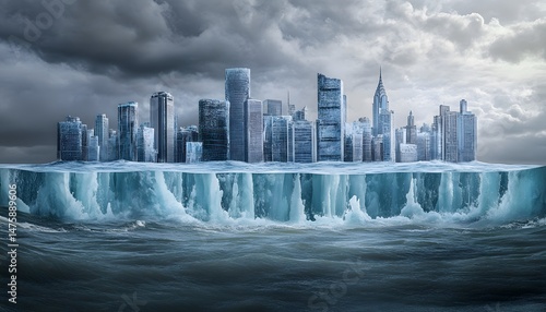 Frozen metropolis, ice-bound cityscape, submerged in frigid water.