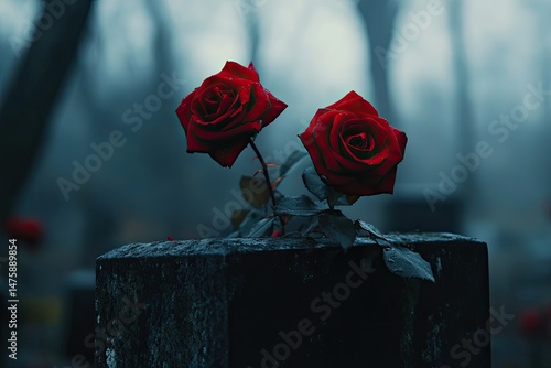 Fototapeta Naklejka Na Ścianę i Meble -  Two dark red roses atop a weathered gravestone in a misty cemetery