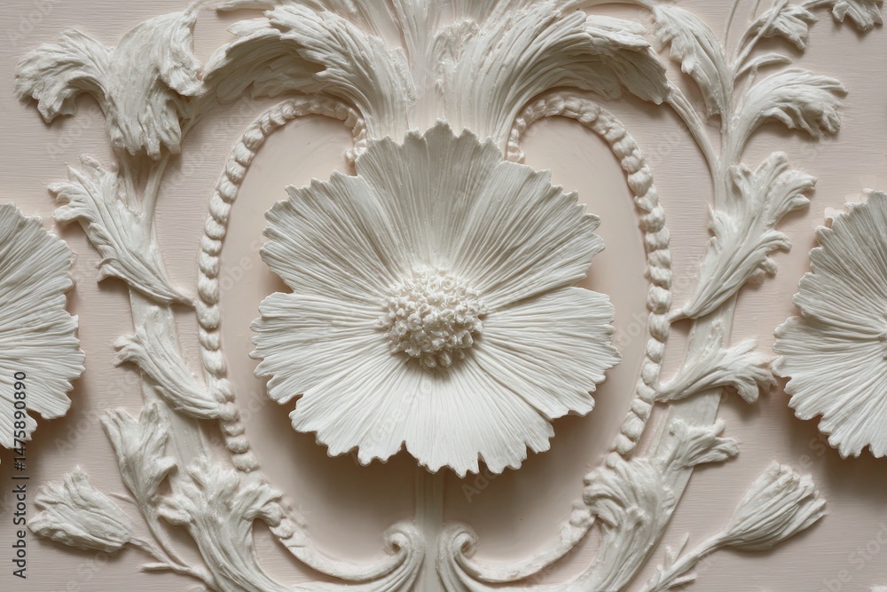 Obraz premium Ornate plasterwork design on a pale pink wall.