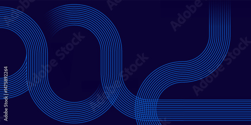Abstract glowing circle lines on dark blue background. Geometric stripe line art design. Modern shiny blue lines
