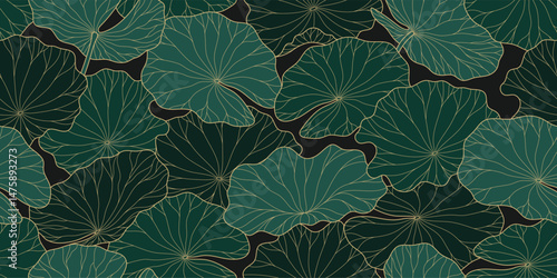 Chinese seamless pattern with green water lilies. Gold line drawing of water lilies for a luxury prints.