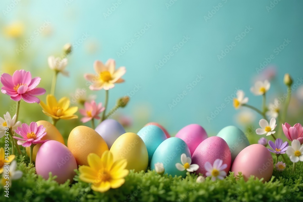 Pastel-colored Easter eggs nestled amongst vibrant spring flowers A cheerful springtime scene , floral arrangement, celebration background, hyacinths Pastel-colored Easter eggs nestled amongst vibrant spring flowers A cheerful springtime scene , floral arrangement, celebration background, hyacinths
