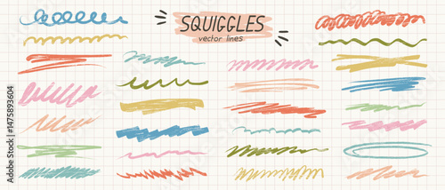 Colorful crayon scribble and underline vector elements on grid paper background. Hand-drawn squiggles for creative highlights, notes, and playful design accents.