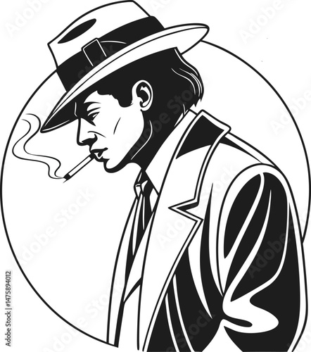 Stylish Man in Suit and Hat Smoking Illustration