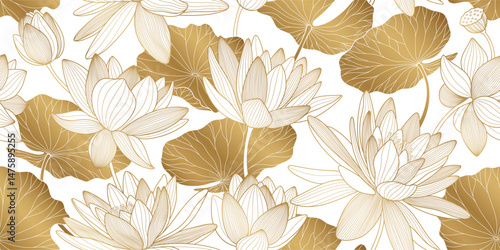 Chinese seamless pattern with lotuses. Gold line drawing of lotus flowers and leaves for a luxury prints.