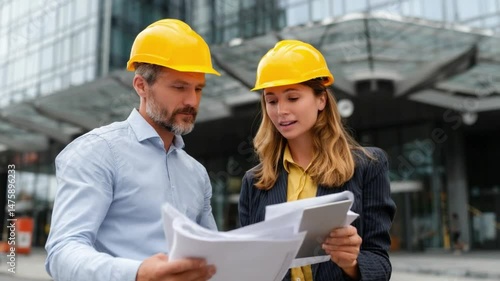 Architecture Design Collaboration: Two architects are engrossed in a discussion, analyzing blueprints and plans, wearing yellow safety helmets in front of a modern building.