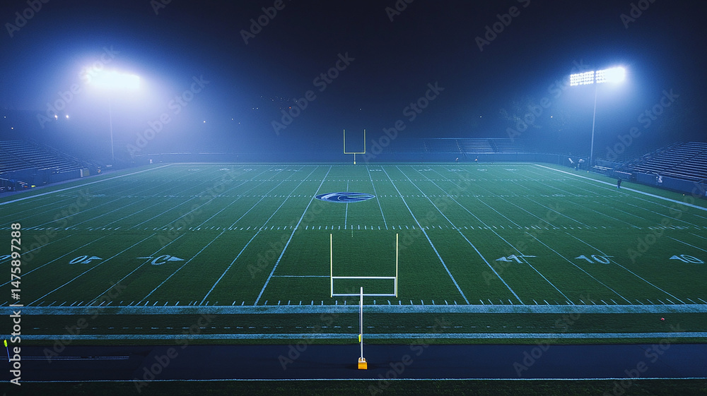 Obraz premium Empty Football Stadium at Night. A wide view of a football stadium illuminated at night, ideal for sports, event, or entertainment-related content.