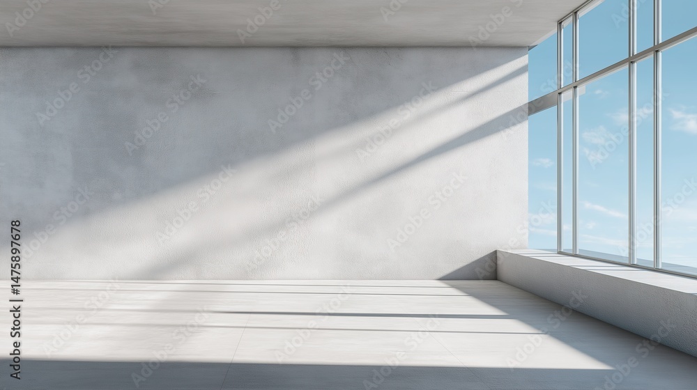 Obraz premium Minimalist concrete wall with large windows and soft light, embodying clean modern design in a simple office space