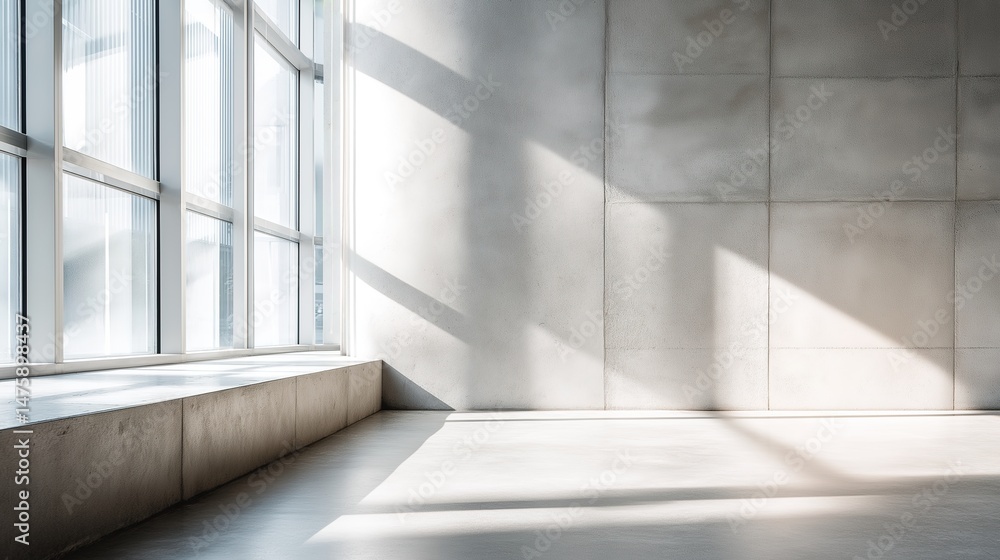 Obraz premium Minimalist concrete wall with large windows and soft light, embodying clean modern design in a simple office space