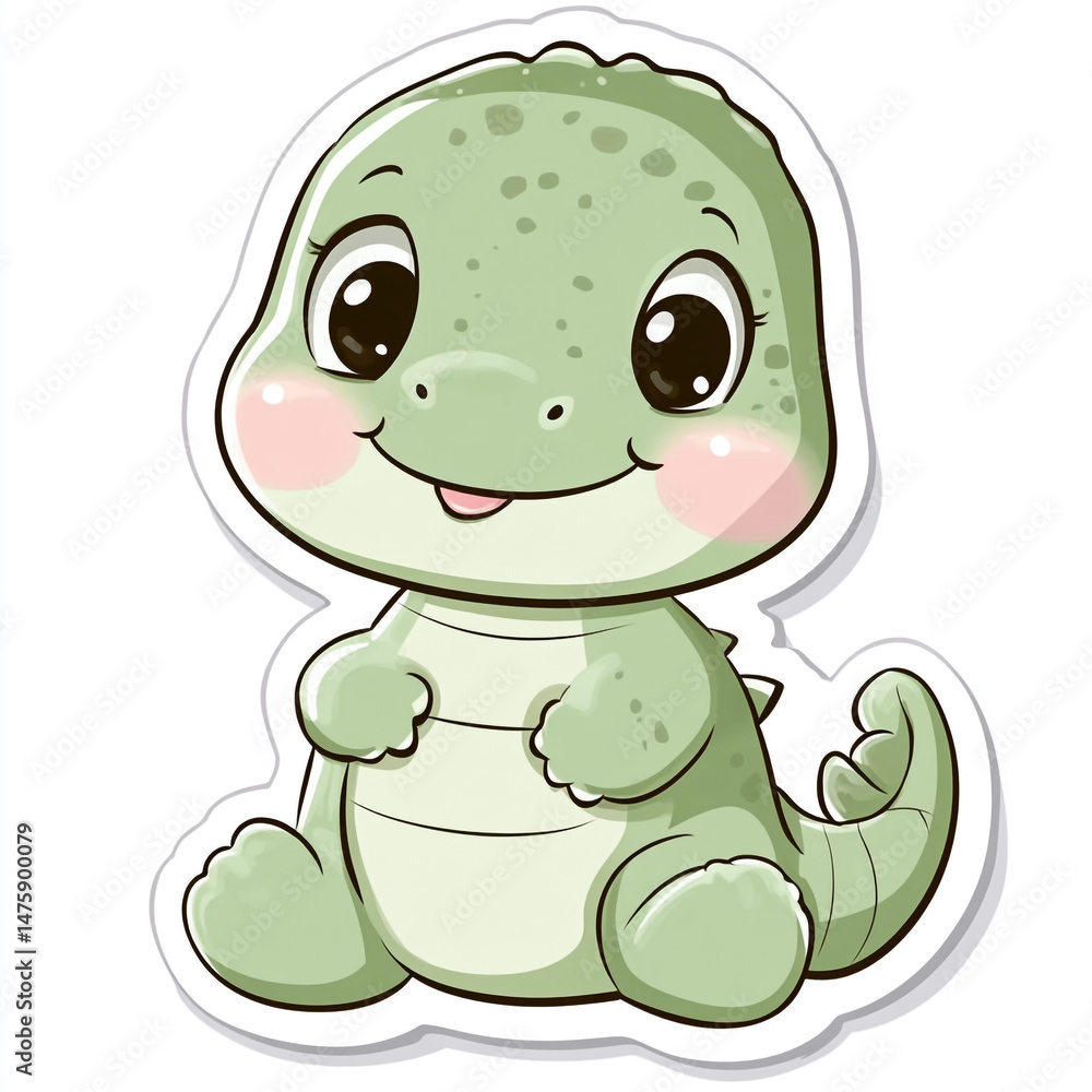 Fototapeta premium A cute cartoon baby crocodile with big, expressive eyes sits with a friendly smile, featuring a green scaly body and a playful design.