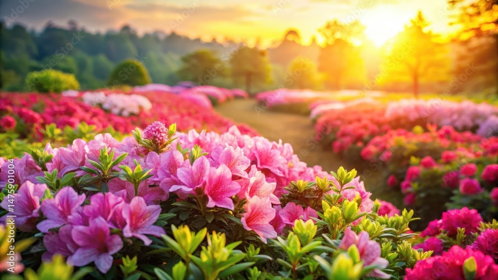 Obraz premium Azalea flower field under sun, blooming flowers, floral arrangement