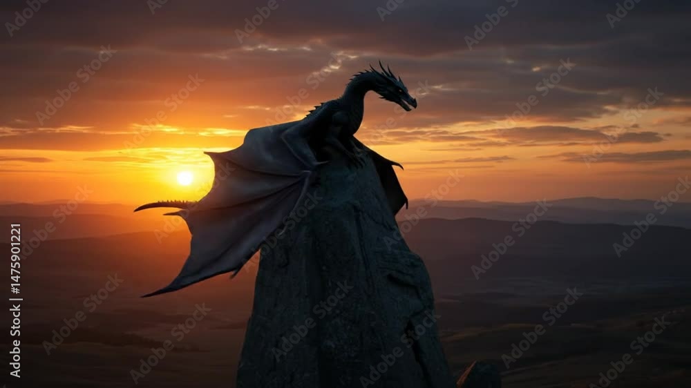 Dragon silhouette on mountaintop at sunset. Dragon silhouette on mountaintop at sunset.