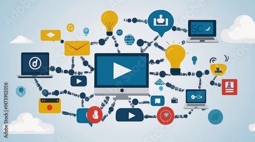 Wallpaper Mural Connected Digital Network: A vibrant illustration of a digital network, where interconnected devices and icons represent a seamless flow of information and ideas. Torontodigital.ca