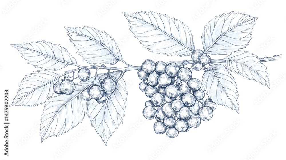 Fototapeta premium Detailed botanical illustration of a branch with berries and leaves.