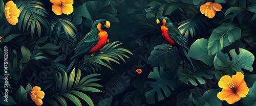 Tropical Paradise Two Parrots Amidst Lush Foliage