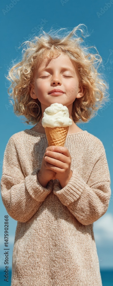 Joyful Gen Z Childhood Nostalgia Whimsical Curly-Haired Child Embracing Summer Bliss with Artisanal Vanilla Ice Cream Against Azure Sky - Authentic Lifestyle Moment Joyful Gen Z Childhood Nostalgia Whimsical Curly-Haired Child Embracing Summer Bliss with Artisanal Vanilla Ice Cream Against Azure Sky - Authentic Lifestyle Moment