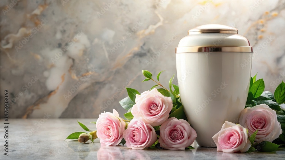 Elegant funeral urn placed on a white marble surface, surrounded by delicate pink roses in a subtle arrangement, adding a touch of serenity to the overall scene , mourning, pink roses Elegant funeral urn placed on a white marble surface, surrounded by delicate pink roses in a subtle arrangement, adding a touch of serenity to the overall scene , mourning, pink roses
