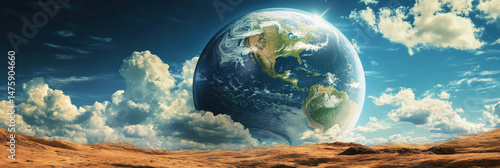 Planet Earth, displaying the Americas, rests on a barren, reddish-brown alien-like landscape under a dramatic sky with large, fluffy white clouds, suggesting displacement or environmental concern