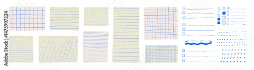 Cute vintage paper stickers for notes with hand drawn grids, lines and dots. Digital bullet journal templates. To do list, memo pages, blank template for hand drawn notes. Doodle paper empty sheets.