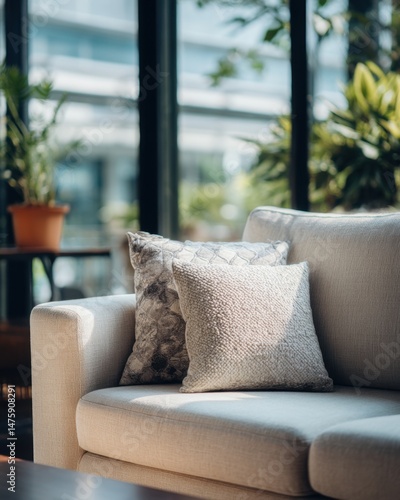 Elegant sofa with decorative pillows in bright modern living room interior daytime close up shot