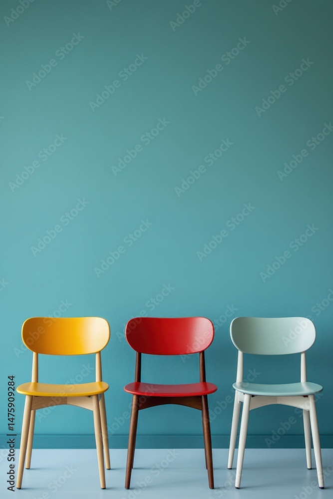 Obraz premium Three colorful chairs against teal wall studio shot simple composition minimal style design interior furniture arrangement