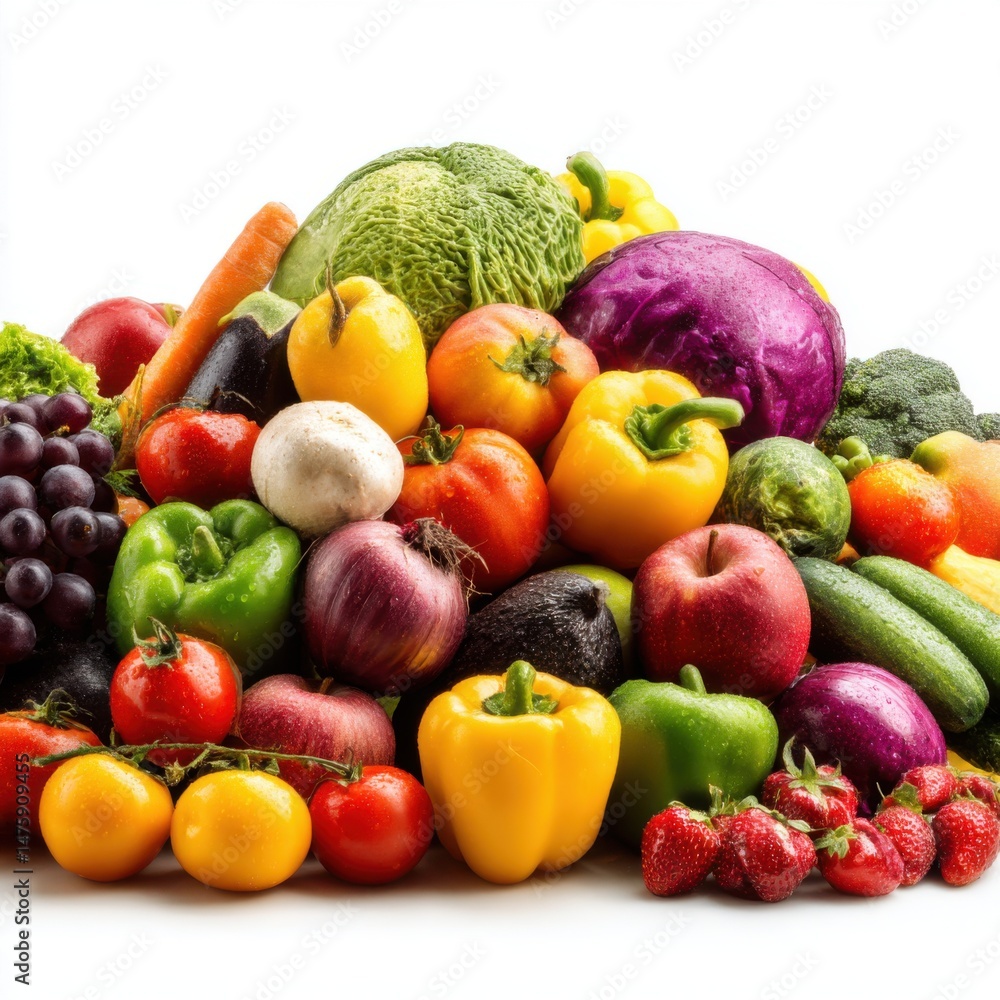 Abundance of Fresh Produce Still Life Close-up Shot on White Background Featuring Colorful Fruits and Vegetables for Healthy Eating and Lifestyle Abundance of Fresh Produce Still Life Close-up Shot on White Background Featuring Colorful Fruits and Vegetables for Healthy Eating and Lifestyle