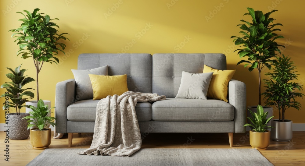 Cozy living room with gray sofa and yellow accents for modern home decor