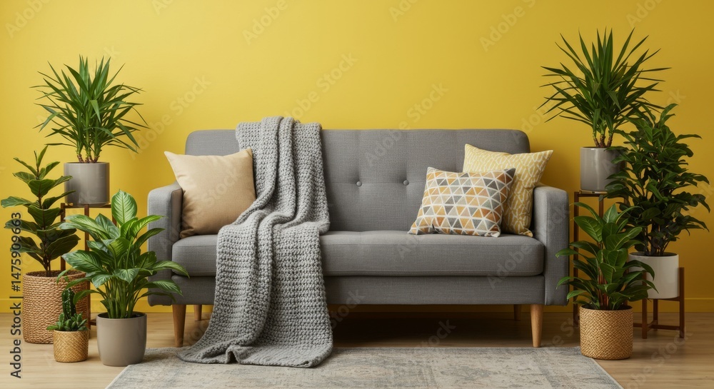 Modern living room interior with grey sofa, yellow accents, and indoor plants