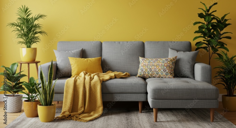 Modern living room interior design with gray sofa and yellow accents for cozy home decor