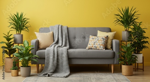 Obraz na płótnie Modern living room interior with grey sofa, yellow accents, and indoor plants w salonie