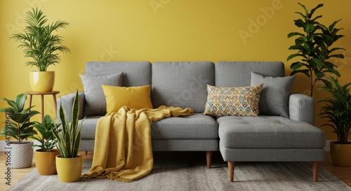 Obraz na płótnie Modern living room interior design with gray sofa and yellow accents for cozy home decor w salonie